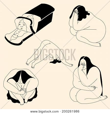 Outline of a thick Asian girl. Vector illustration