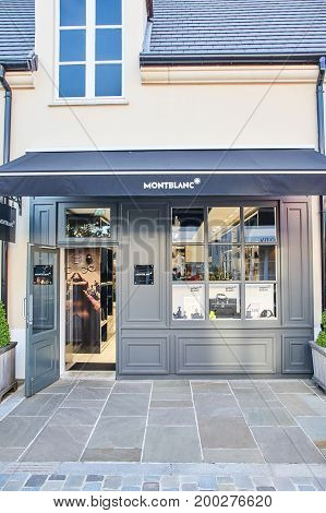 PARIS FRANCE - MAY 10 2017 : Montblanc boutique in La Vallee Village. Montblanc is a German manufacturer of luxury writing instruments watches jewellery and leather goods