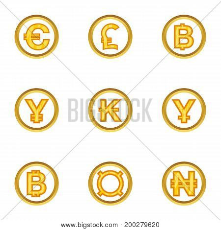 Money of countries icon set. Cartoon style set of 9 money of countries vector icons for web isolated on white background