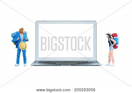 Smart Laptop Computer With White Blank Screen And Miniature Tourists People Beside The Computer.eleg