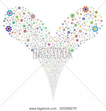 Cogwheel explosive stream. Vector illustration style is flat bright multicolored iconic cogwheel symbols on a white background. Object fountain constructed from random symbols.