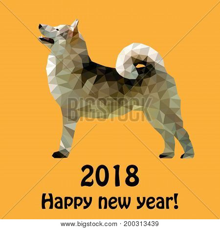 Vector illustration for the new two thousand and eighteenth year of the yellow dog on the Chinese calendar in the style of a polygon from triangles.