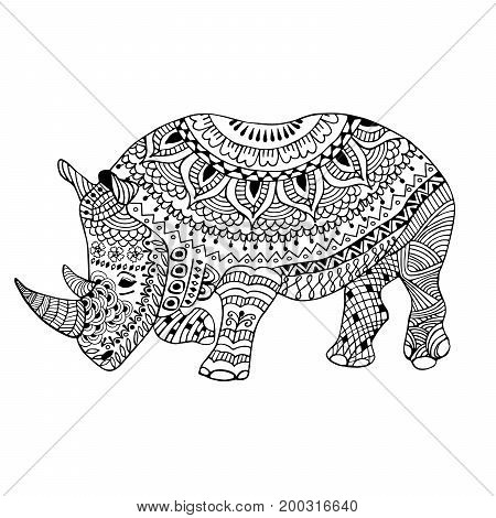 Rhino doodle stylized hand drawn illustration black and white