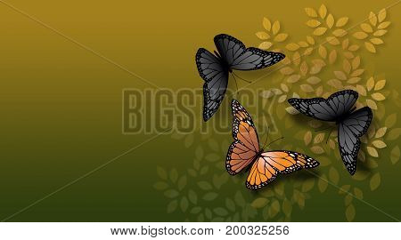 Graphic illustration of beautiful fully developed Monarch Butterfly confronted by undeveloped gray black ones. Simple geometric graphic leaves serve as background.