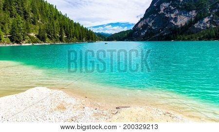 View of Braies lake ( Lago di Braies) in a cloudy day South Tyrol italy