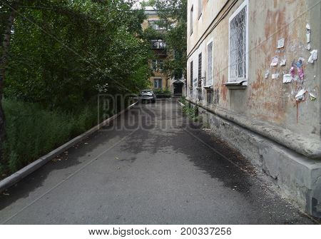 Kazakhstan, Ust-Kamenogorsk - 01,August 2017. The yard of the old house.Old building. Old architecture. Architecture background.