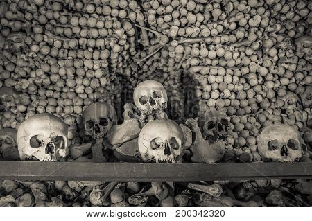 Human bones and skulls in Ossuary. Kostnice Church in Kutna Hora, Czech republic