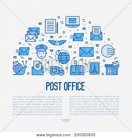 Post office concept in half circle with thin line icons. Symbols of shipping, delivery, packaging. Vector illustration for banner, web page, print media.