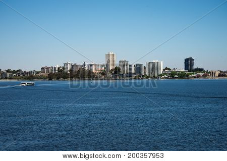 South Perth View From Elizabeth Quay Bridge With Ferry Crossing Across Swan River