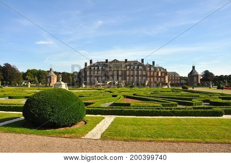 Exterior view of Wasserschloss Nordkirchen with garden in Germany