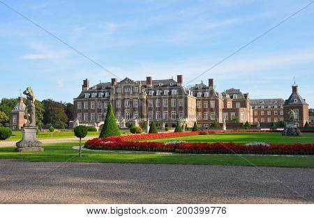 Exterior view of Wasserschloss Nordkirchen with garden in Germany