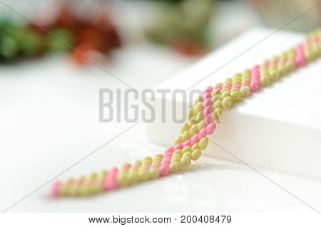 Beaded Anklet Light Green And Pink Color Close Up