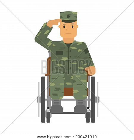 Vector illustration saluted soldier in wheelchair isolatedon white background.