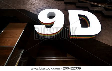 The inscription on the entrance 9d a cinema with the effect of presence.