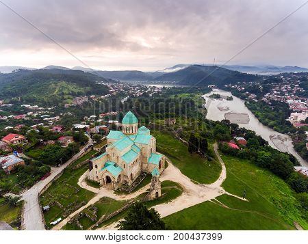 Aerial view of Bagrati Cathedral in Kutaisi center, Georgia
