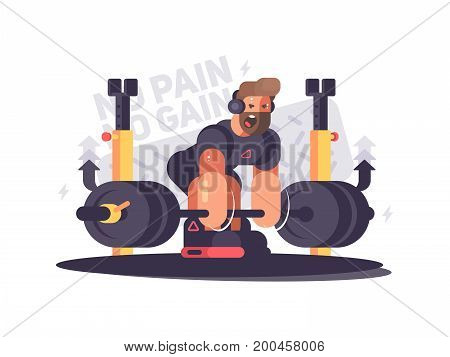 Strong man athlete does deadlift in gym. Vector flat illustration