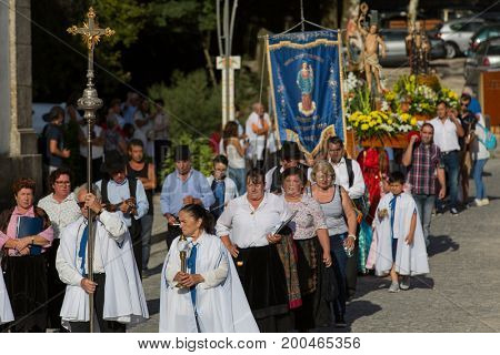 ABADIA, AMARES, PORTUGAL - August 15, 2017: Traditional religious procession of Senhora da Abadia in Amares, Portugal