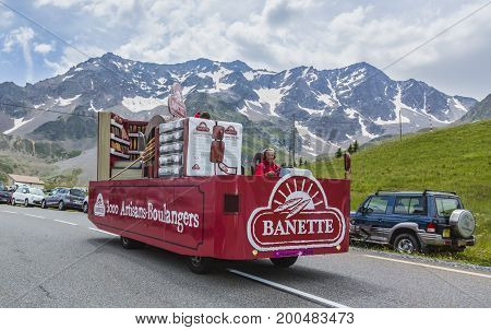 Col du Lautaret France - July 19 2014: The vehicle of Banette during the passing of the advertising caravan on mountain pass Lautaret during the stage 14 of Le Tour de France 2014. Before the appearance of the cyclists there is a caravan of advertising ca