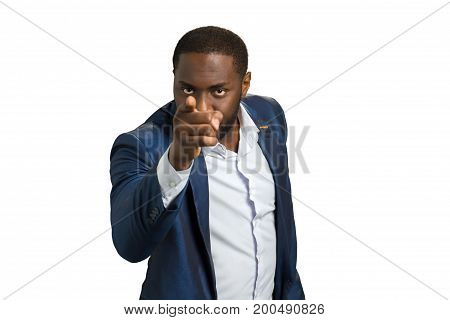 Afro american businessman pointing index finger. Handsome beard manager gesturing STOP.