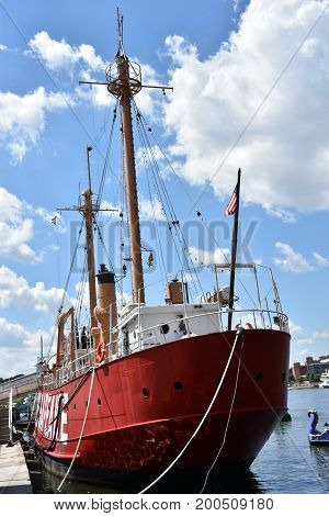 BALTIMORE, MARYLAND - JUL 2: United States lightship Chesapeake (LV-116) docked at the Inner Harbor in Baltimore, Maryland, as seen on July 2, 2017.