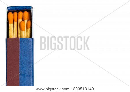 Close up of matchsticks in the blue box on white background