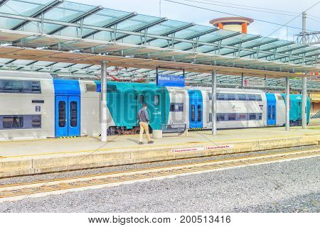 Rome , Italy - May 11, 2017 : Passenger Train, People On Rome Railways Stantion - Roma Tiburtina. It