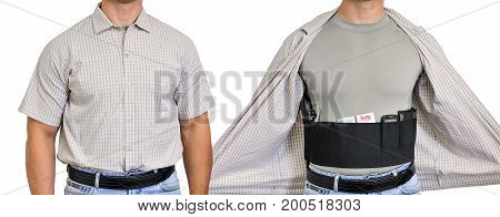 Torso Of A Man Dressed In Civilian Clothes, Underneath The Shirt There Is A Set For Concealed Carry