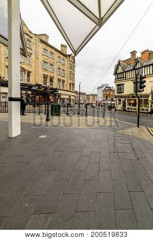 Northampton, UK - Aug 09, 2017: Cloudy rainy day view of Northampton Bus Station in Town Centre.