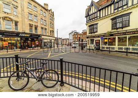 Northampton, UK - Aug 09, 2017: Cloudy rainy day view of Northampton Town Centre Streets.
