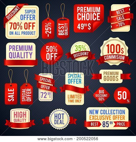 Holiday sale ribbon banners and sticker badges with promotional text vector set. Promotion label advertisement, marketing sticker and price discount illustration
