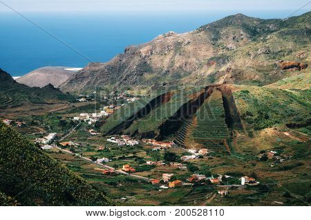 Valley of El Palmar and Las Lagunetas in the Teno mountain range with the hill like a sliced pie. Landmark of Tenerife Canary Islands
