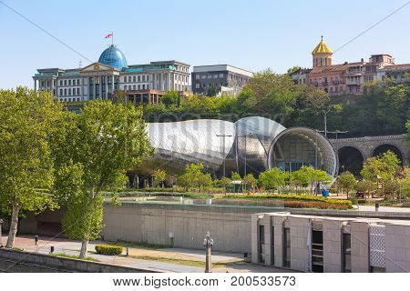 Tbilisi, Georgia - April 29, 2017: Aerial view of presidential palace and church dome