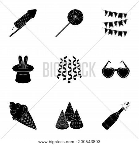 Champagne, firecrackers, cake items for the holiday.Party And Parties set collection icons in black style vector symbol stock illustration .