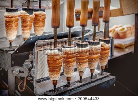 Trdelnik bakery on the street market in Prague, Czech Republic