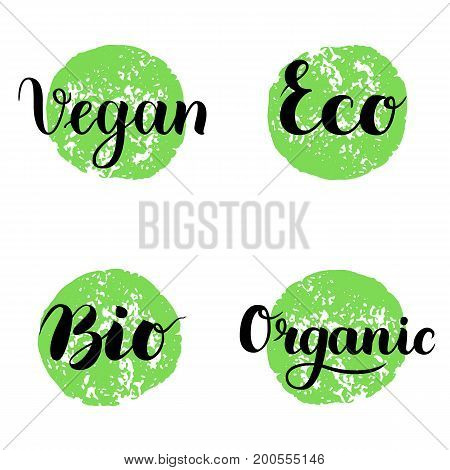 Eco, Bio, Organic, Vegan Lettering. Modern Hand Drawn Ecological Icons and Badges against green circle. Brush Calligraphy Creative Set. Vector illustration