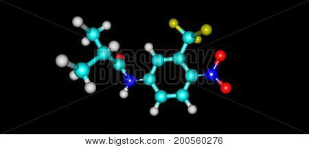 Flutamide is a nonsteroidal antiandrogen NSAA used primarily to treat prostate cancer. It acts as a selective antagonist of the androgen receptor. 3d illustration