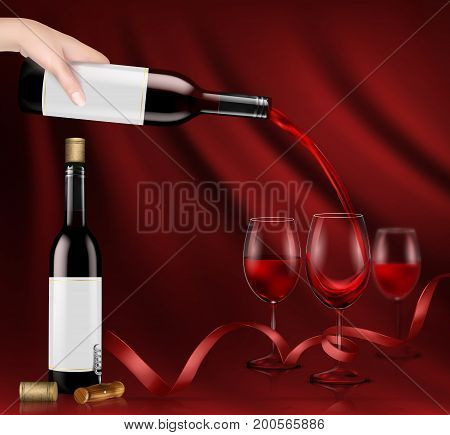 Vector illustration, bright realistic poster with a hand holding a glass wine bottle and pouring red wine into a glasses. Template, moc up for advertising, design, branding