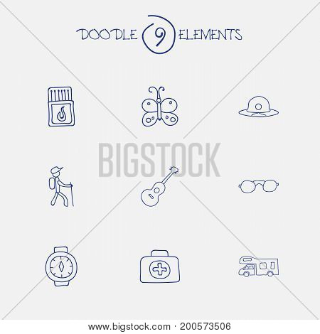 Set Of 9 Editable Camping Doodles. Includes Symbols Such As Wrist Clock, Beach Hat, Hiker And More