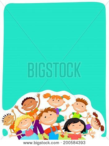 Colorful template for advertising brochure with a group of cute happy cartoon kids playing green background