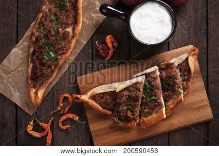 Turkish pide, traditional meat and vegetable meal similar to pizza