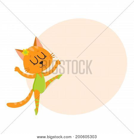 Happy cute cat, kitten character, ballet dancer in pointed shoes and tutu skirt, cartoon vector illustration with space for text. Little cat baby animal, ballet dancer, ballerina in tutu