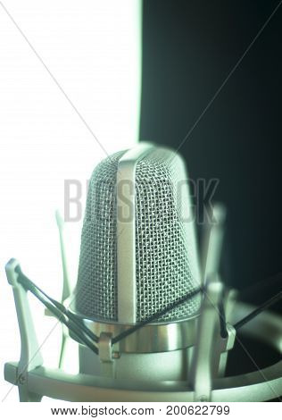 Studio vocal large diaphragm condenser voiceover recording microphone with built in antipop screen.