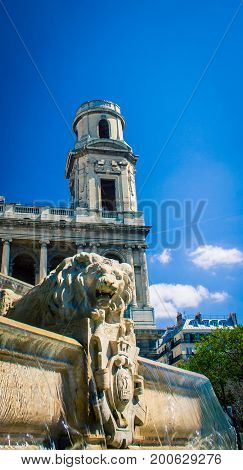 Lion statue at Saint Sulpice in Paris France