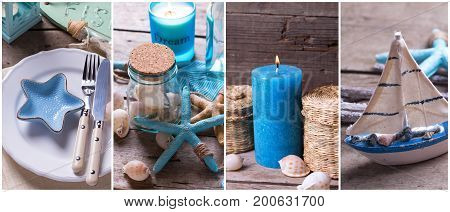 Summer time site header. Collage from photos with ocean or coastal living decorations. Decorative wooden boat star fish bottle with ocean treasures blue candle and place setting on aged wooden background.