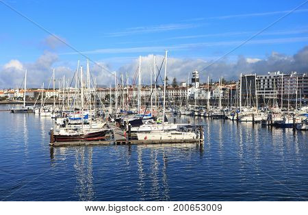 PONTA DELGADA, 10 AUGUST 2017 - Yachts in Ponta Delgada Harbour, Sao Miguel Island, Azores, Portugal, Europe