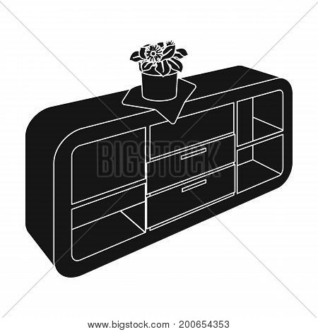 Chest, shelving with shelves and flower. Furniture and interior single icon in black style Isometric vector symbol stock illustration .