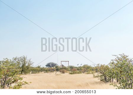 A view of the Olifantsrus Rest Camp in the Etosha National Park. A structure of the old elephant abattoir is visible