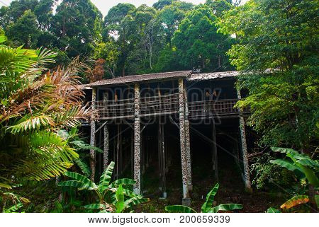 Traditional Wooden Houses Rumah Orang Ulu Kuching To Sarawak Culture Village. Malaysia