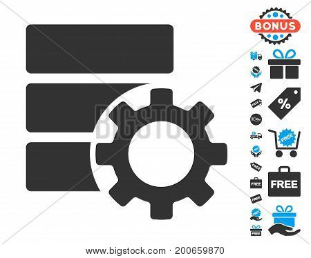 Database Options Gear gray pictograph with free bonus pictograms. Vector illustration style is flat iconic symbols.