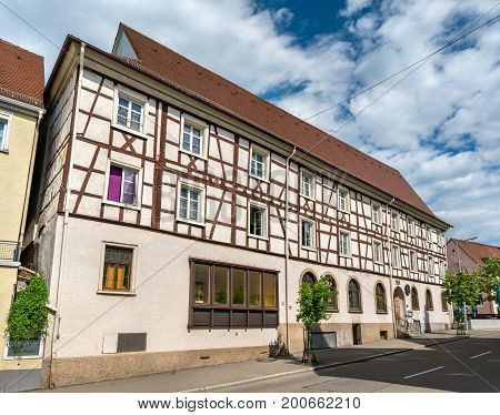 Typical half-timbered houses in the old town of Sigmaringen - Baden Wurttemberg, Germany